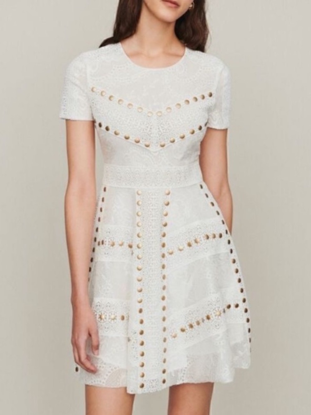 Maje Robe a Clou Blanc White Lace Studded Mini Dress